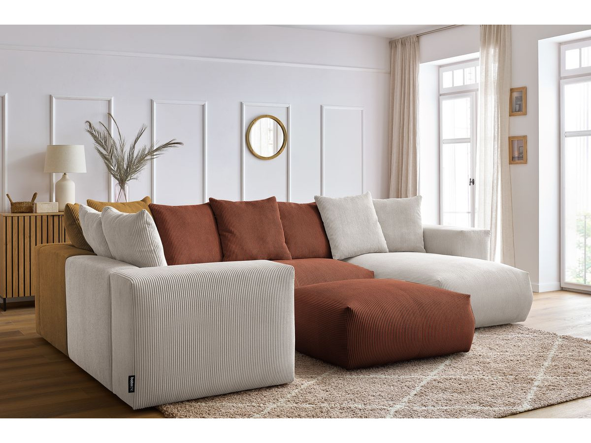 Canapé panoramique fixe modulable VOLTAIRE avec 1 méridienne, 1 angle, 2 chauffeuses et 1 pouf