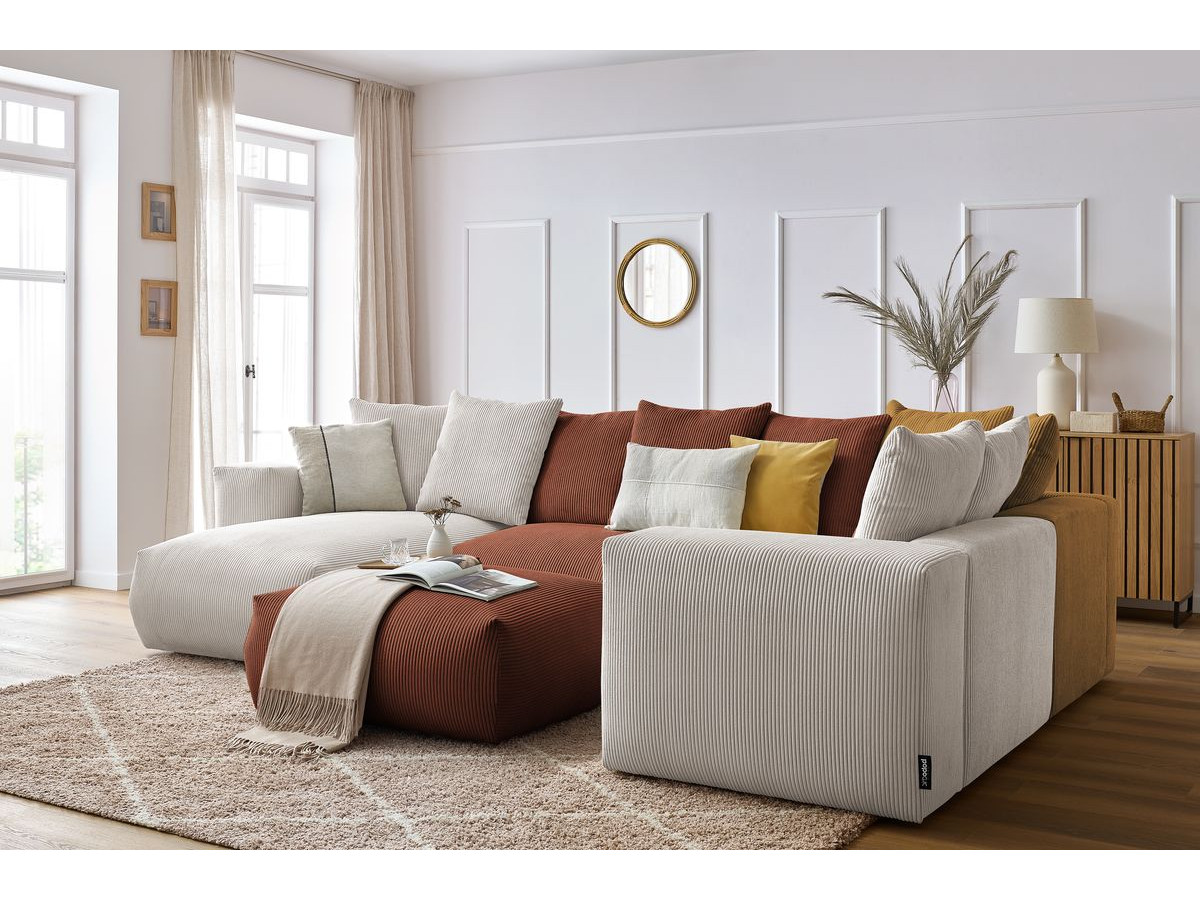 Canapé panoramique fixe modulable VOLTAIRE avec 1 méridienne, 1 angle, 2 chauffeuses et 1 pouf