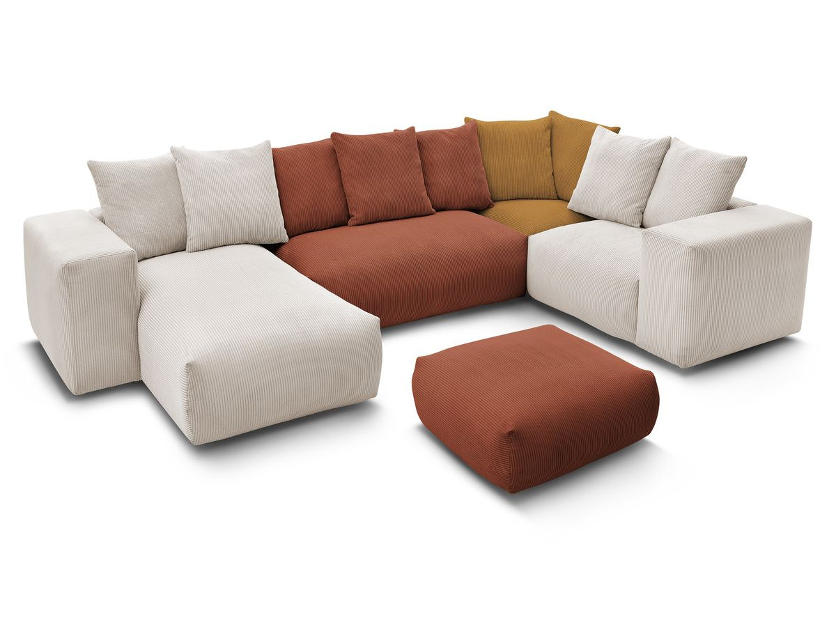 Canapé panoramique fixe modulable VOLTAIRE avec 1 méridienne, 1 angle, 2 chauffeuses et 1 pouf