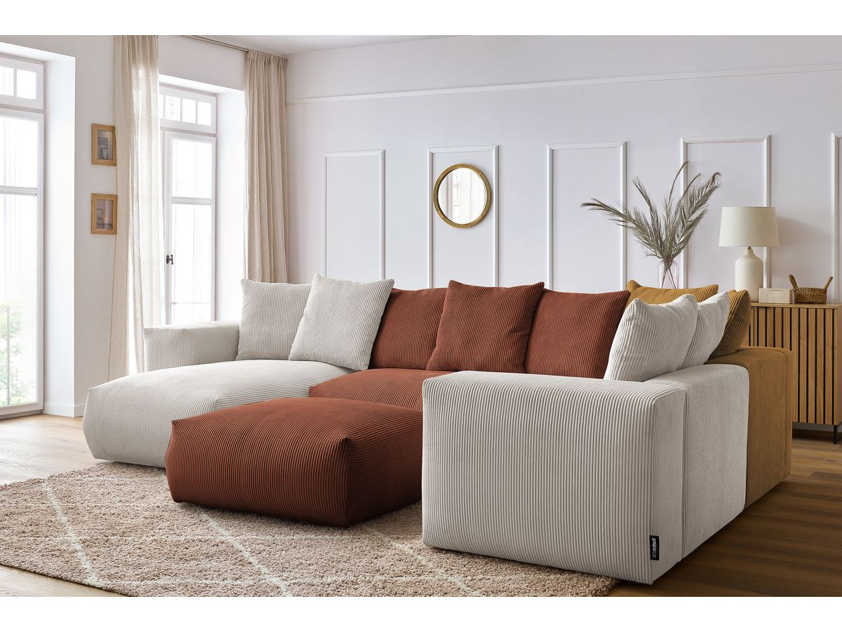 Canapé panoramique fixe modulable VOLTAIRE avec 1 méridienne, 1 angle, 2 chauffeuses et 1 pouf