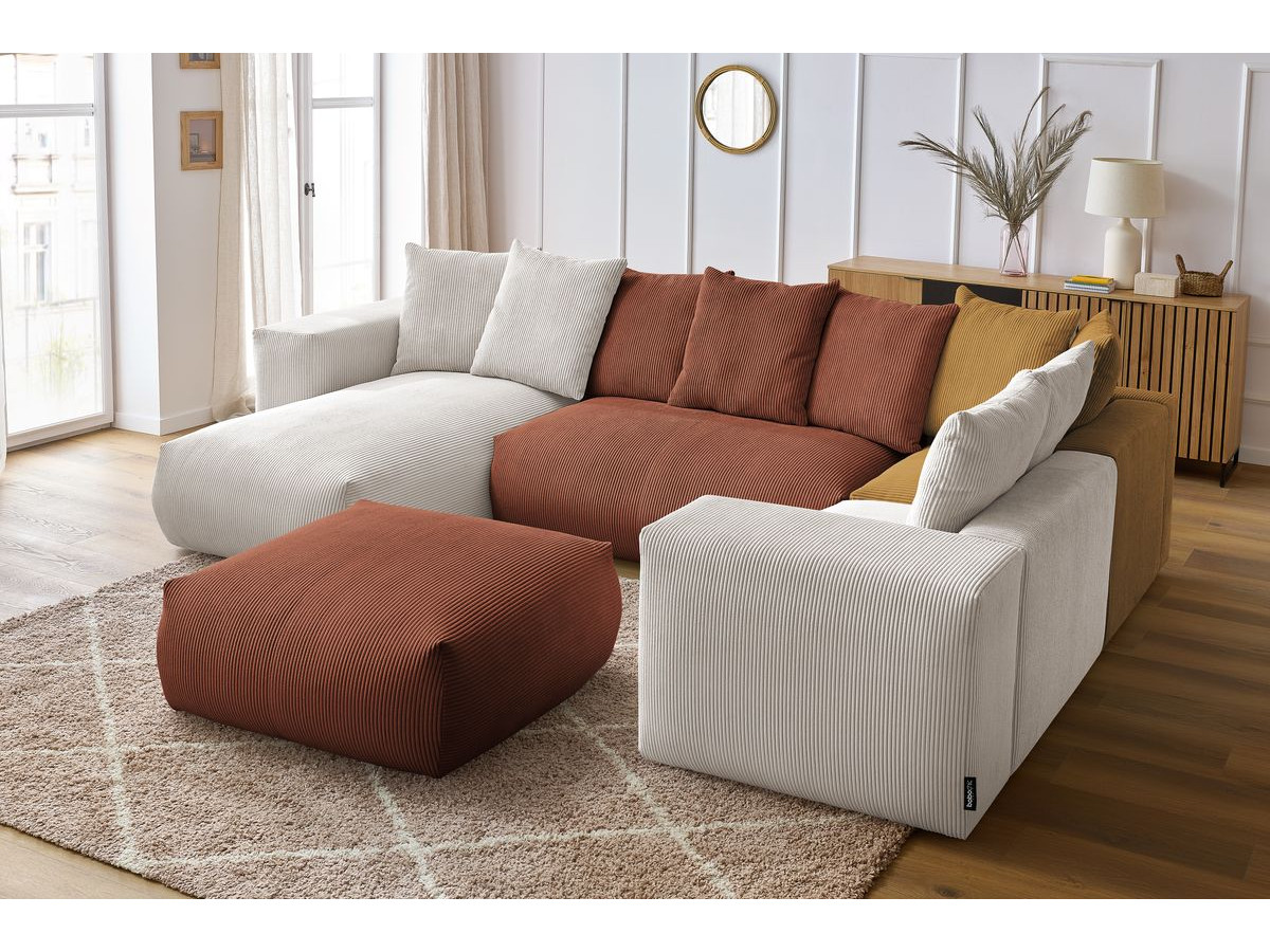 Canapé panoramique fixe modulable VOLTAIRE avec 1 méridienne, 1 angle, 2 chauffeuses et 1 pouf