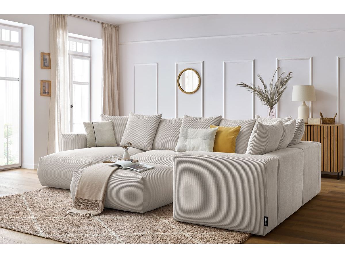 Canapé panoramique fixe modulable VOLTAIRE avec 1 méridienne, 1 angle, 2 chauffeuses et 1 pouf