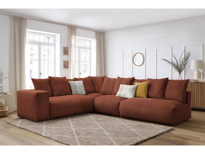 Canapé d'angle fixe modulable ultra moelleux VOLTAIRE avec 1 chauffeuse 2 places, 1 angle et 2 chauffeuses 1 place