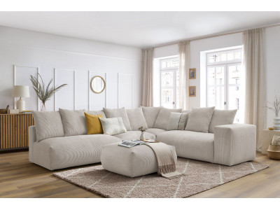 Canapé d'angle fixe modulable VOLTAIRE avec 2 chauffeuses 2 places, 1 angle, 1 chauffeuse 1 place et 1 pouf
