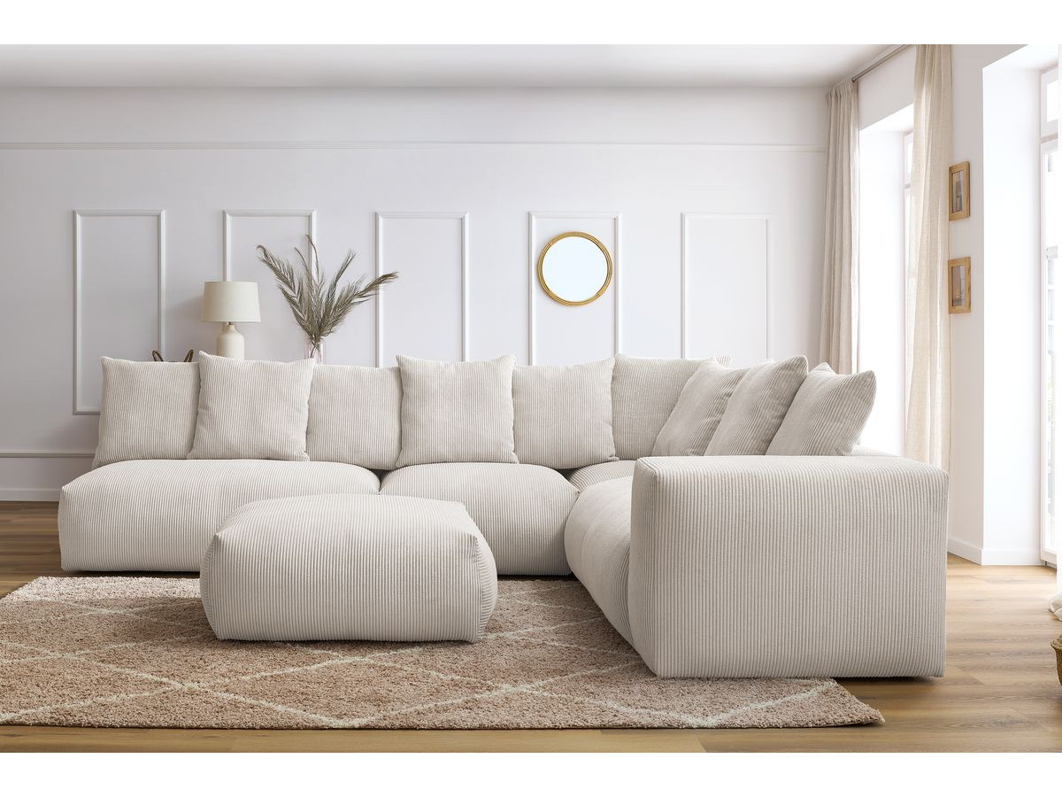 Canapé d'angle fixe modulable VOLTAIRE avec 2 chauffeuses 2 places, 1 angle, 1 chauffeuse 1 place et 1 pouf beige angle droit BOBOCHIC 7 places - Vue supplémentaire 3