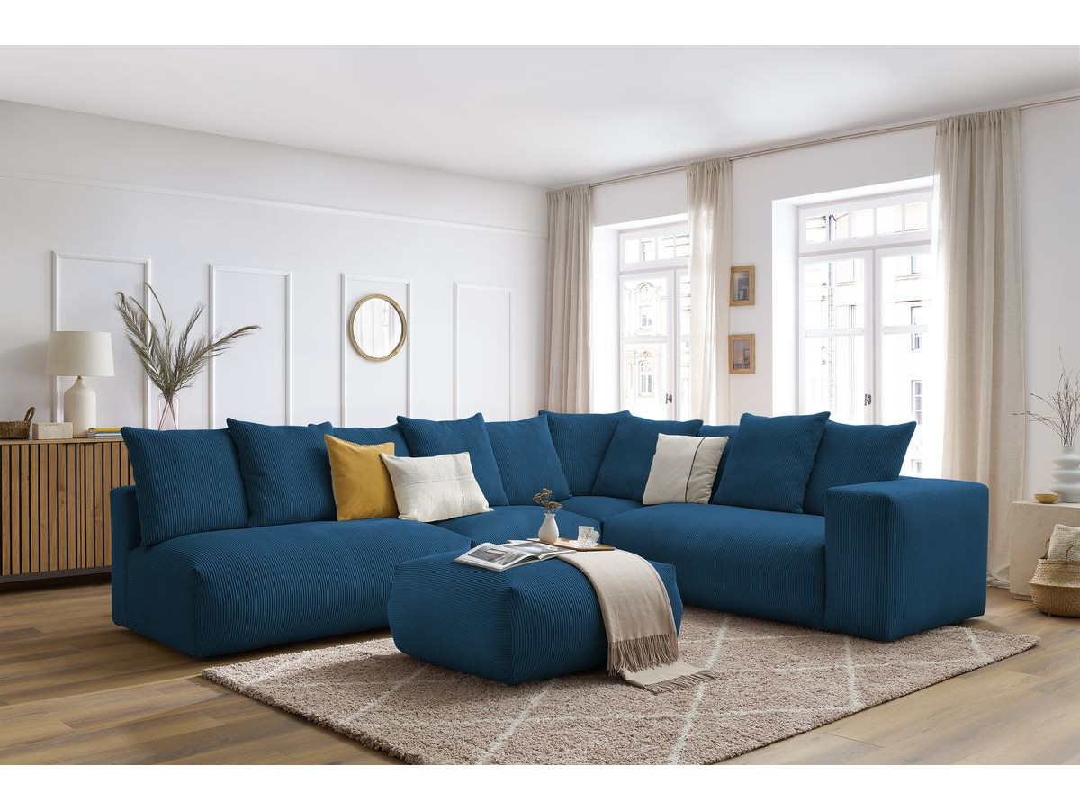 Canapé d'angle fixe modulable VOLTAIRE avec 2 chauffeuses 2 places, 1 angle, 1 chauffeuse 1 place et 1 pouf