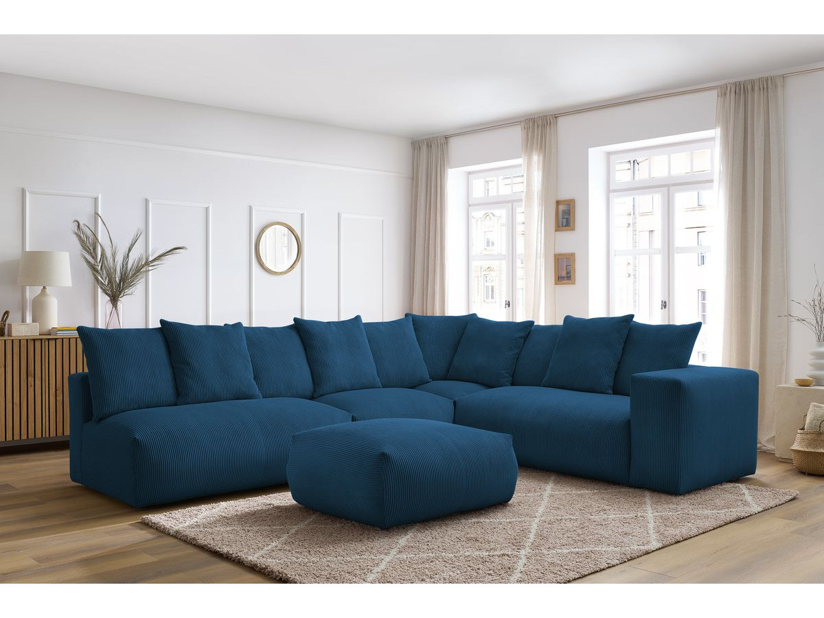 Canapé d'angle fixe modulable VOLTAIRE avec 2 chauffeuses 2 places, 1 angle, 1 chauffeuse 1 place et 1 pouf