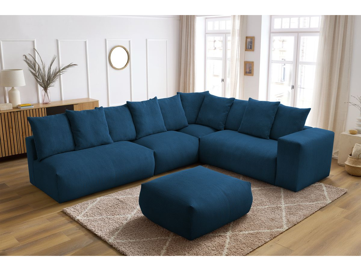Canapé d'angle fixe modulable VOLTAIRE avec 2 chauffeuses 2 places, 1 angle, 1 chauffeuse 1 place et 1 pouf