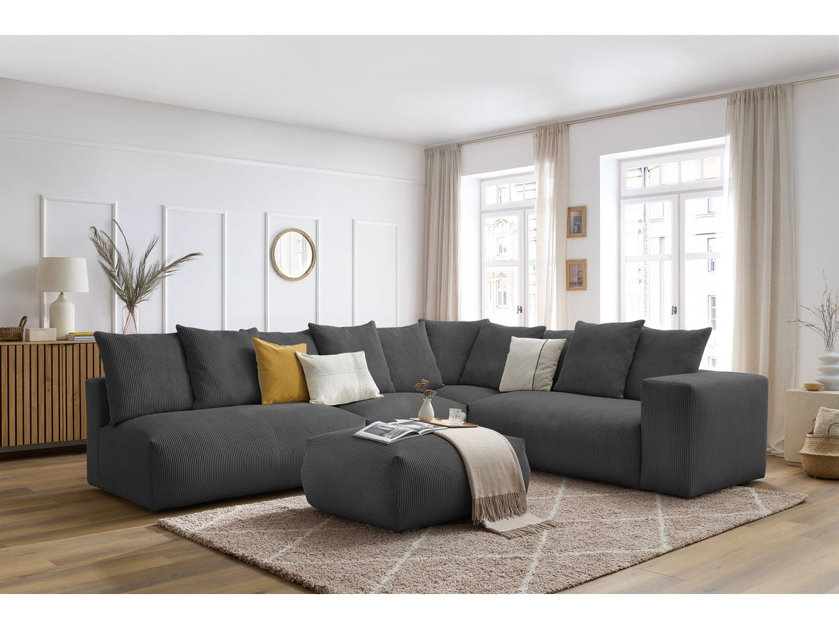 Canapé d'angle fixe EVEREST tissu chiné - Orange - Angle droit - 10 coussins