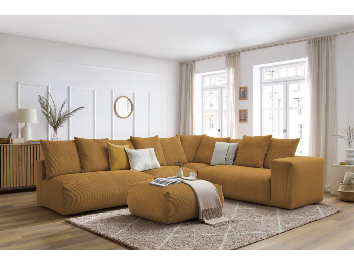 Canapé d'angle fixe modulable ultra moelleux VOLTAIRE avec 2 chauffeuses 2 places, 1 angle, 1 chauffeuse 1 place et 1 pouf