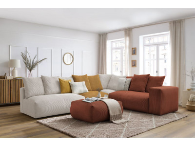 Canapé d'angle fixe modulable VOLTAIRE avec 2 chauffeuses 2 places, 1 angle, 1 chauffeuse 1 place et 1 pouf