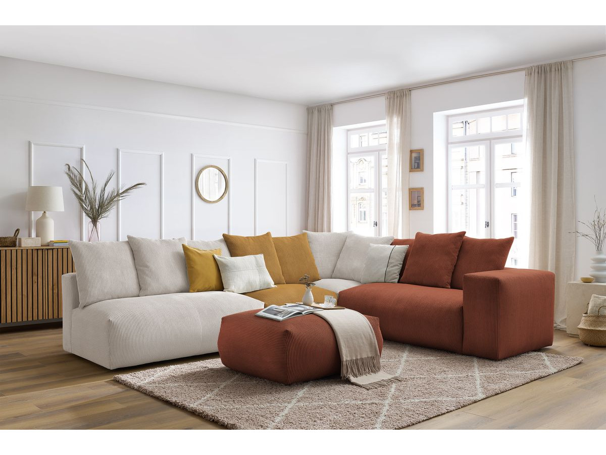 Canapé d'angle fixe modulable VOLTAIRE avec 2 chauffeuses 2 places, 1 angle, 1 chauffeuse 1 place et 1 pouf