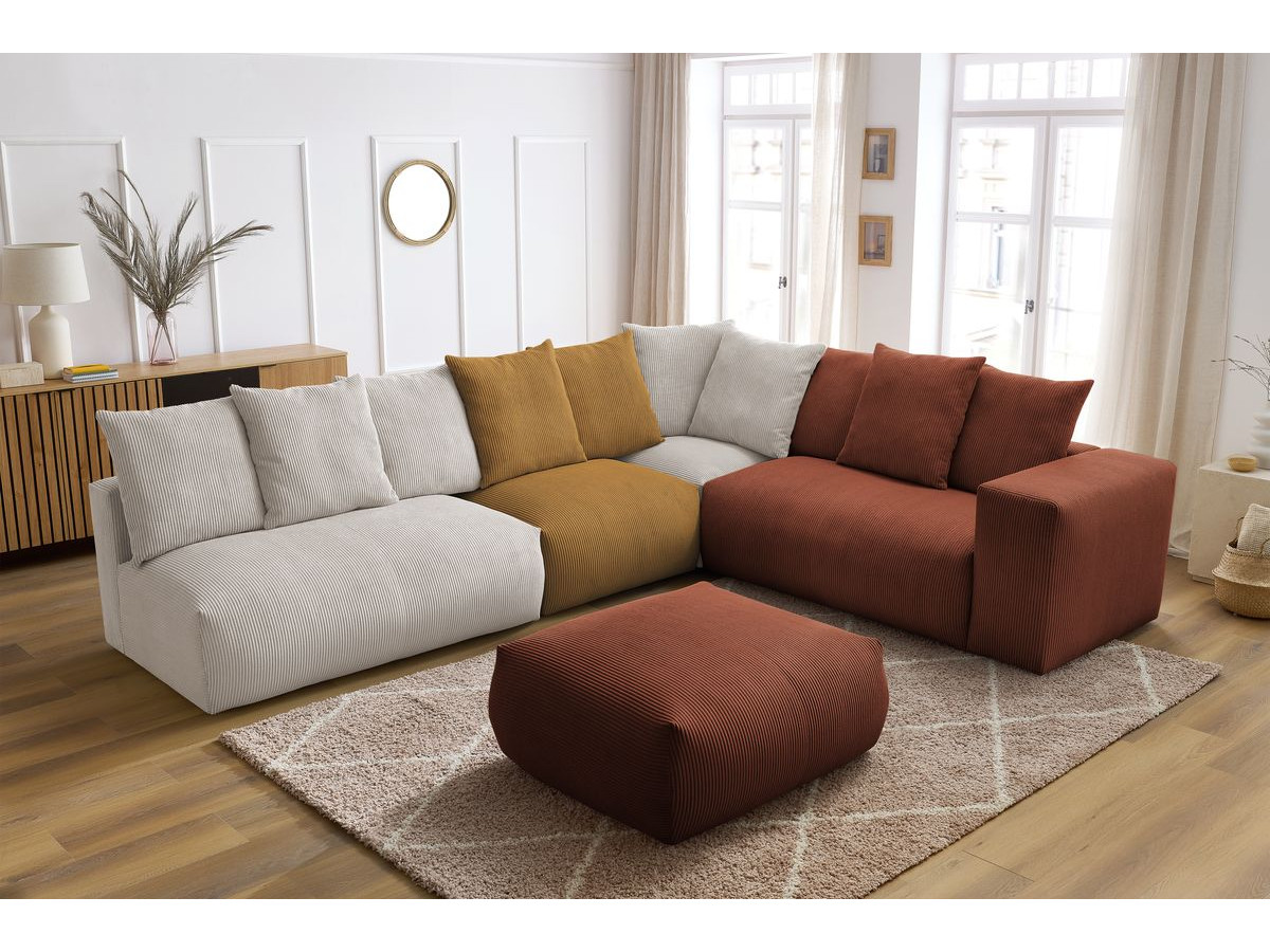 Canapé d'angle fixe modulable VOLTAIRE avec 2 chauffeuses 2 places, 1 angle, 1 chauffeuse 1 place et 1 pouf