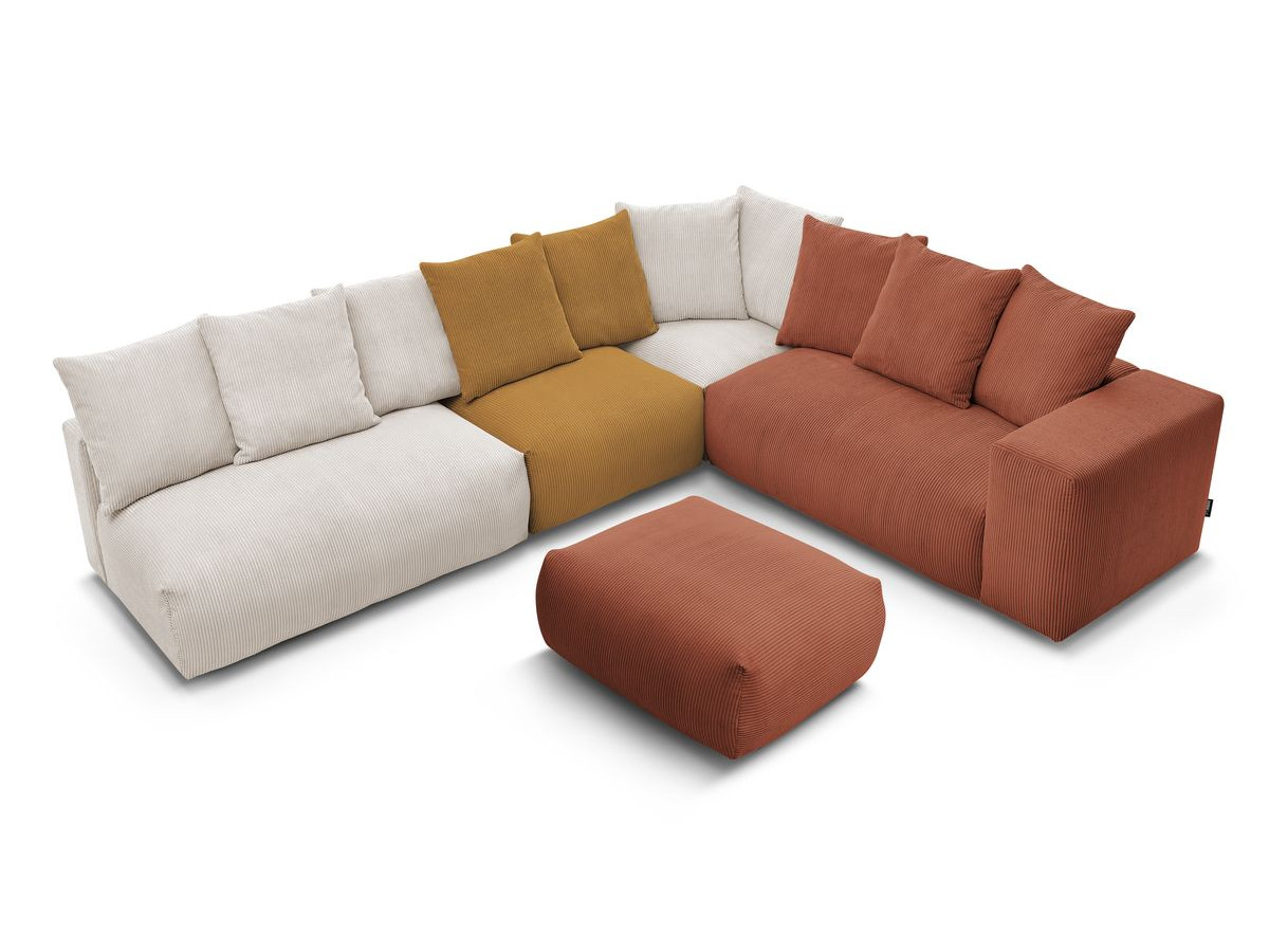 Canapé d'angle fixe modulable VOLTAIRE avec 2 chauffeuses 2 places, 1 angle, 1 chauffeuse 1 place et 1 pouf