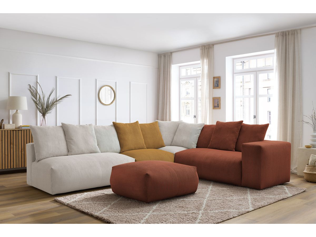 Canapé d'angle fixe modulable VOLTAIRE avec 2 chauffeuses 2 places, 1 angle, 1 chauffeuse 1 place et 1 pouf