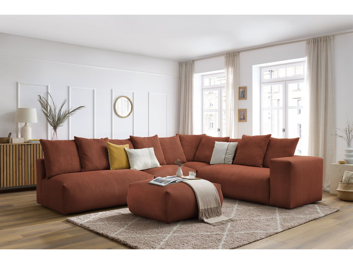 Canapé d'angle fixe EVEREST tissu chiné - Orange - Angle droit - 10 coussins