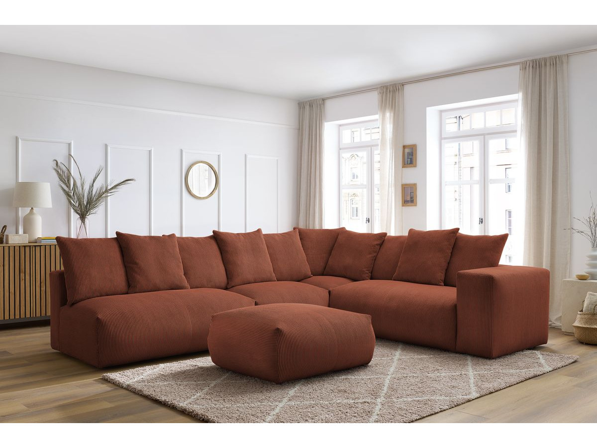 Canapé d'angle fixe EVEREST tissu chiné - Orange - Angle droit - 10 coussins