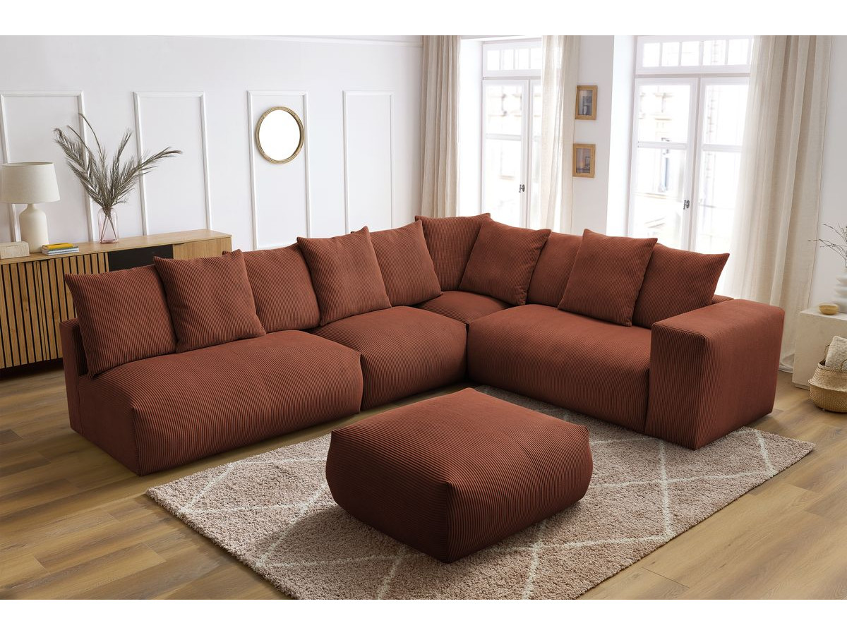 Canapé d'angle fixe EVEREST tissu chiné - Orange - Angle droit - 10 coussins