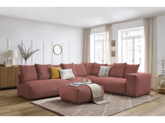 Canapé d'angle fixe modulable ultra moelleux VOLTAIRE avec 2 chauffeuses 2 places, 1 angle, 1 chauffeuse 1 place et 1 pouf