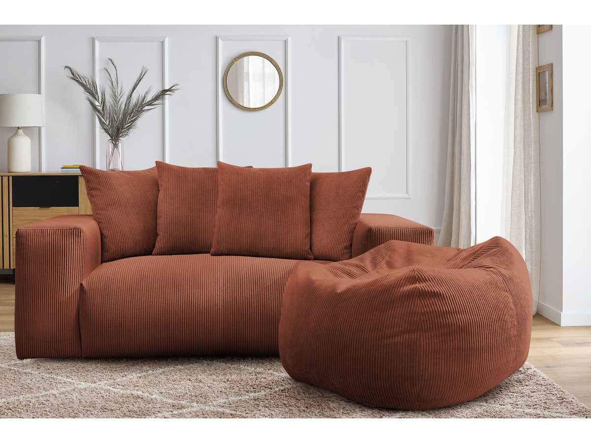 Canapé droit fixe 2 places VOLTAIRE avec pouf orange   BOBOCHIC - Vue supplémentaire 3