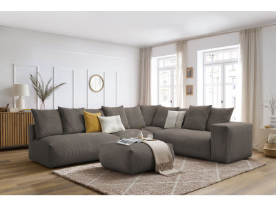 Canapé d'angle fixe modulable VOLTAIRE avec 2 chauffeuses 2 places, 1 angle, 1 chauffeuse 1 place et 1 pouf