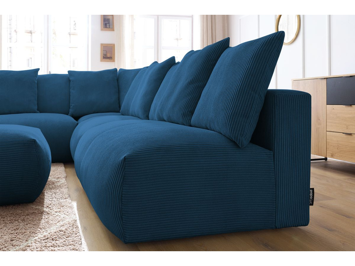 Canapé d'angle fixe modulable VOLTAIRE avec 2 chauffeuses 2 places, 1 angle, 1 chauffeuse 1 place et 1 pouf