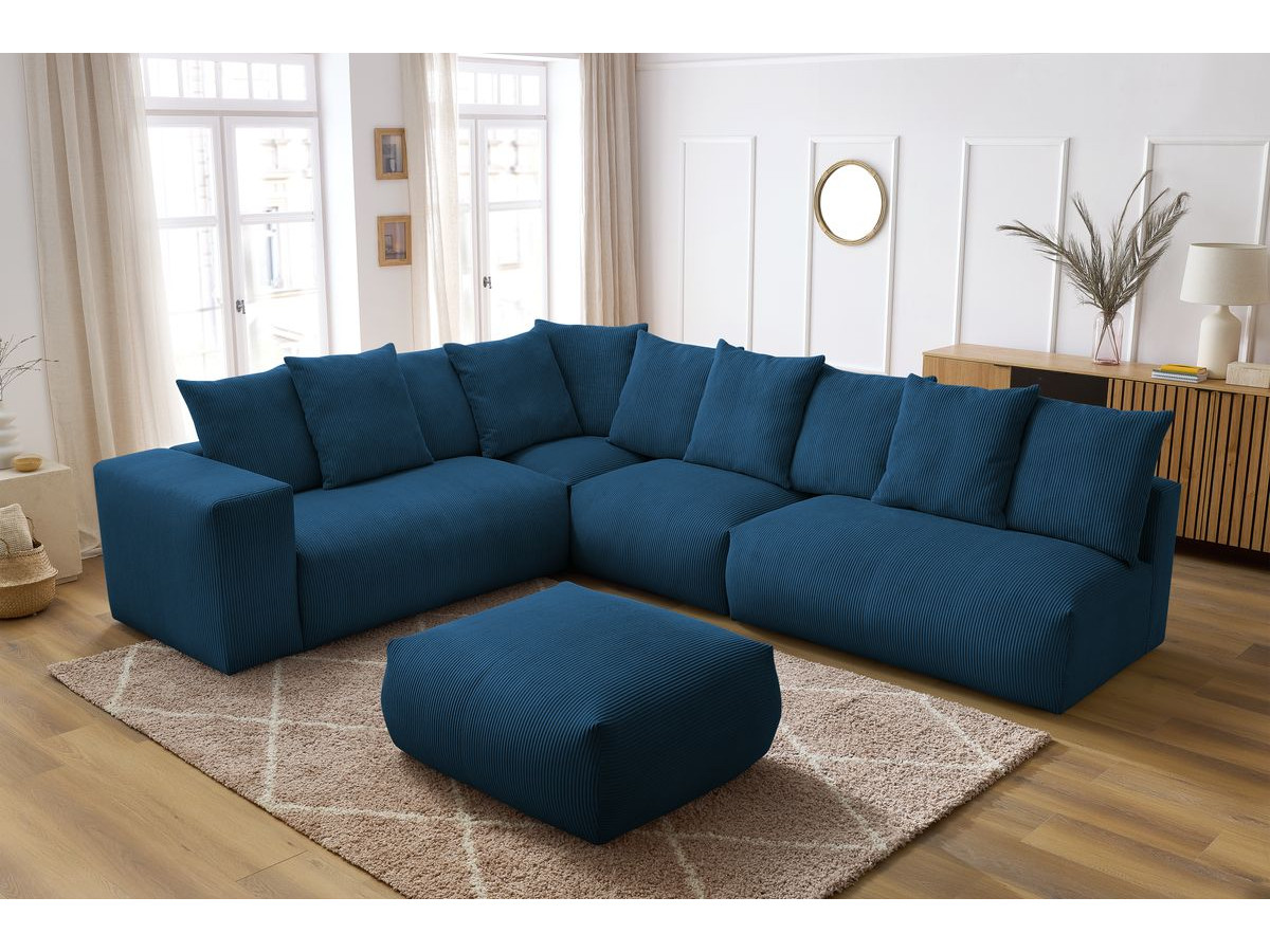 Canapé d'angle fixe modulable VOLTAIRE avec 2 chauffeuses 2 places, 1 angle, 1 chauffeuse 1 place et 1 pouf