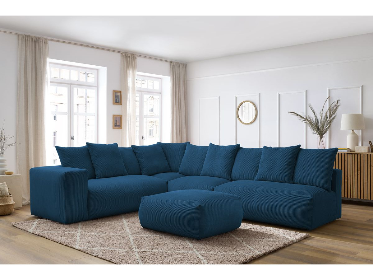 Canapé d'angle fixe modulable VOLTAIRE avec 2 chauffeuses 2 places, 1 angle, 1 chauffeuse 1 place et 1 pouf