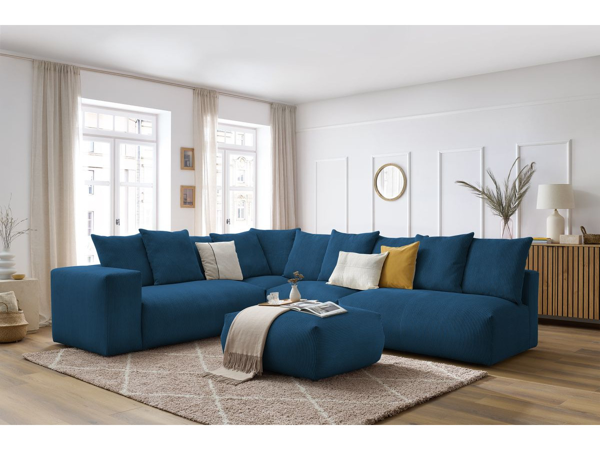 Canapé d'angle fixe modulable VOLTAIRE avec 2 chauffeuses 2 places, 1 angle, 1 chauffeuse 1 place et 1 pouf
