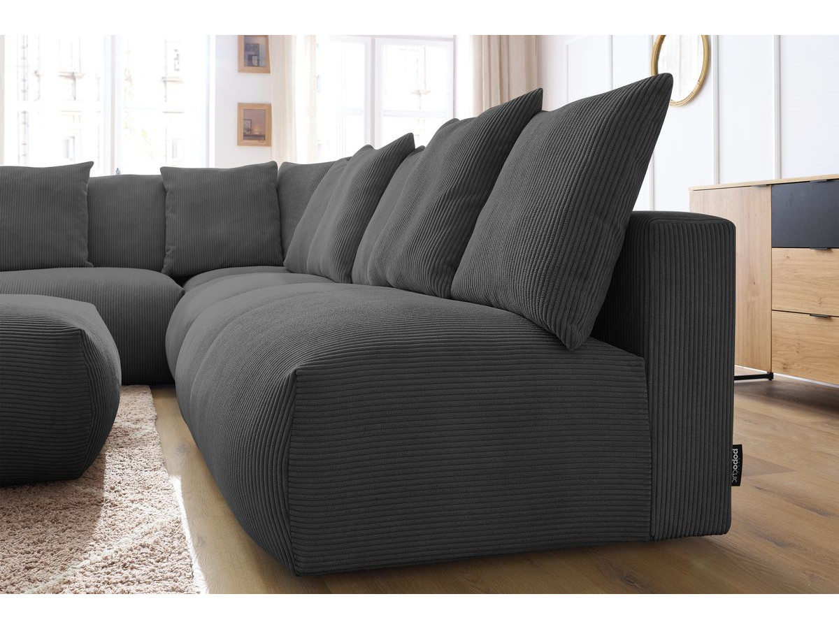 Canapé d'angle fixe modulable VOLTAIRE avec 2 chauffeuses 2 places, 1 angle, 1 chauffeuse 1 place et 1 pouf