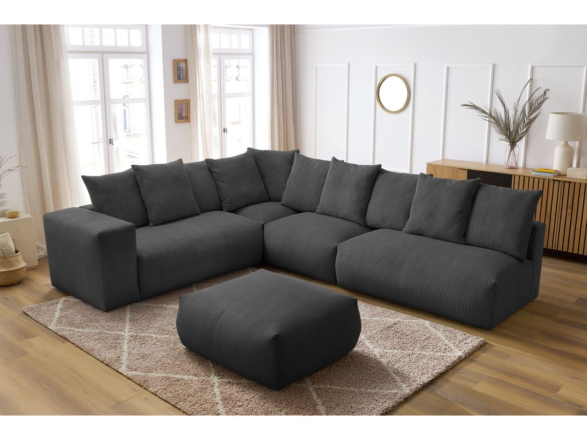 Canapé d'angle fixe modulable VOLTAIRE avec 2 chauffeuses 2 places, 1 angle, 1 chauffeuse 1 place et 1 pouf