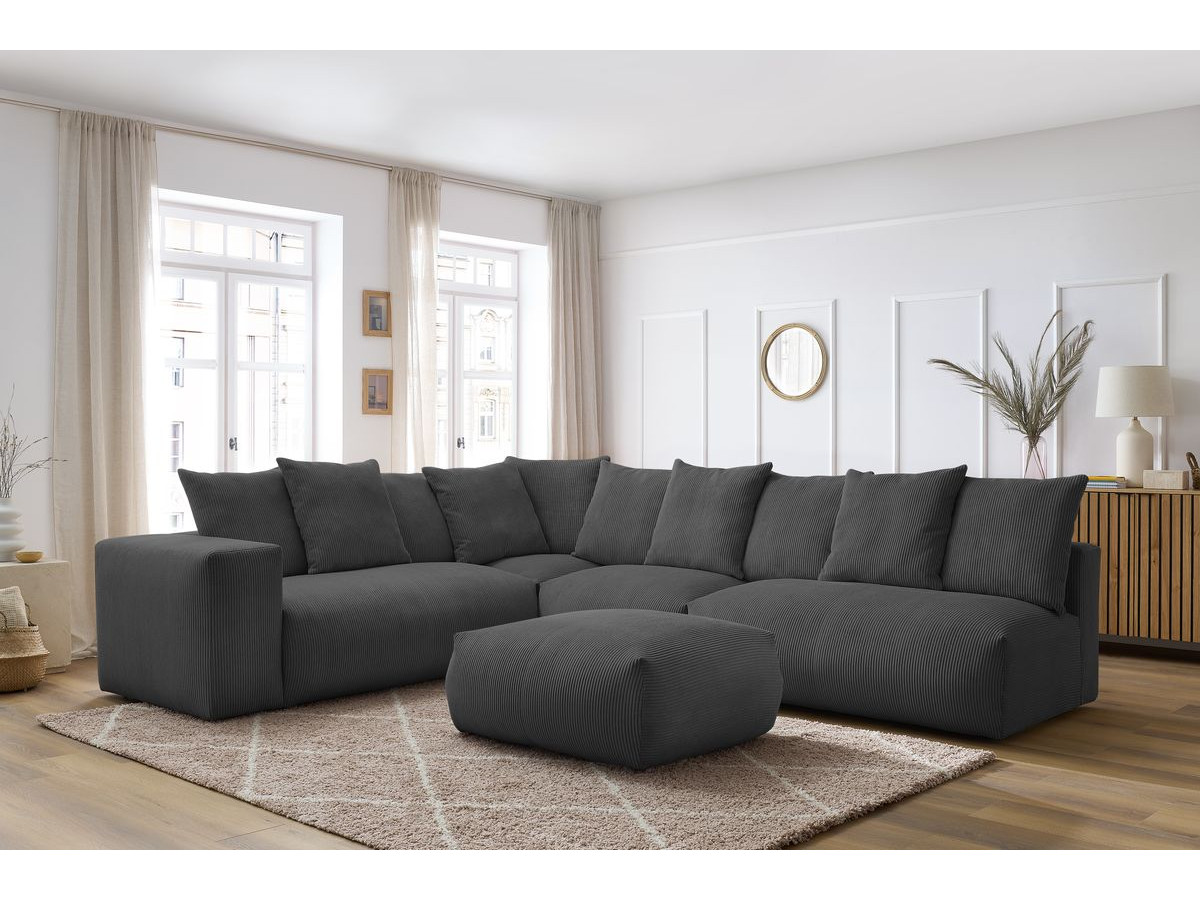 Canapé d'angle fixe modulable VOLTAIRE avec 2 chauffeuses 2 places, 1 angle, 1 chauffeuse 1 place et 1 pouf