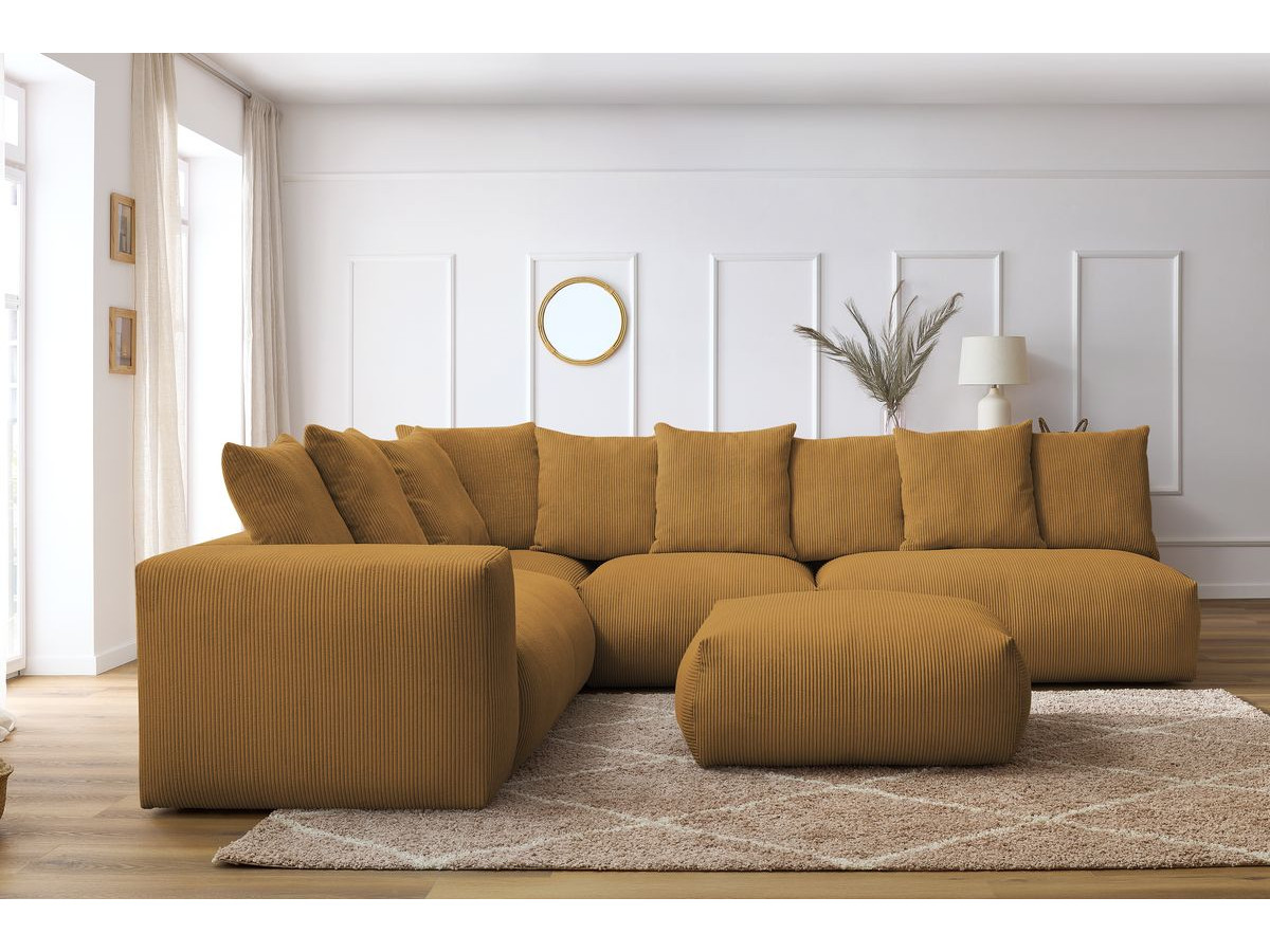 Canapé d'angle fixe modulable VOLTAIRE avec 2 chauffeuses 2 places, 1 angle, 1 chauffeuse 1 place et 1 pouf jaune  angle gauche BOBOCHIC 7 places - Vue supplémentaire 3