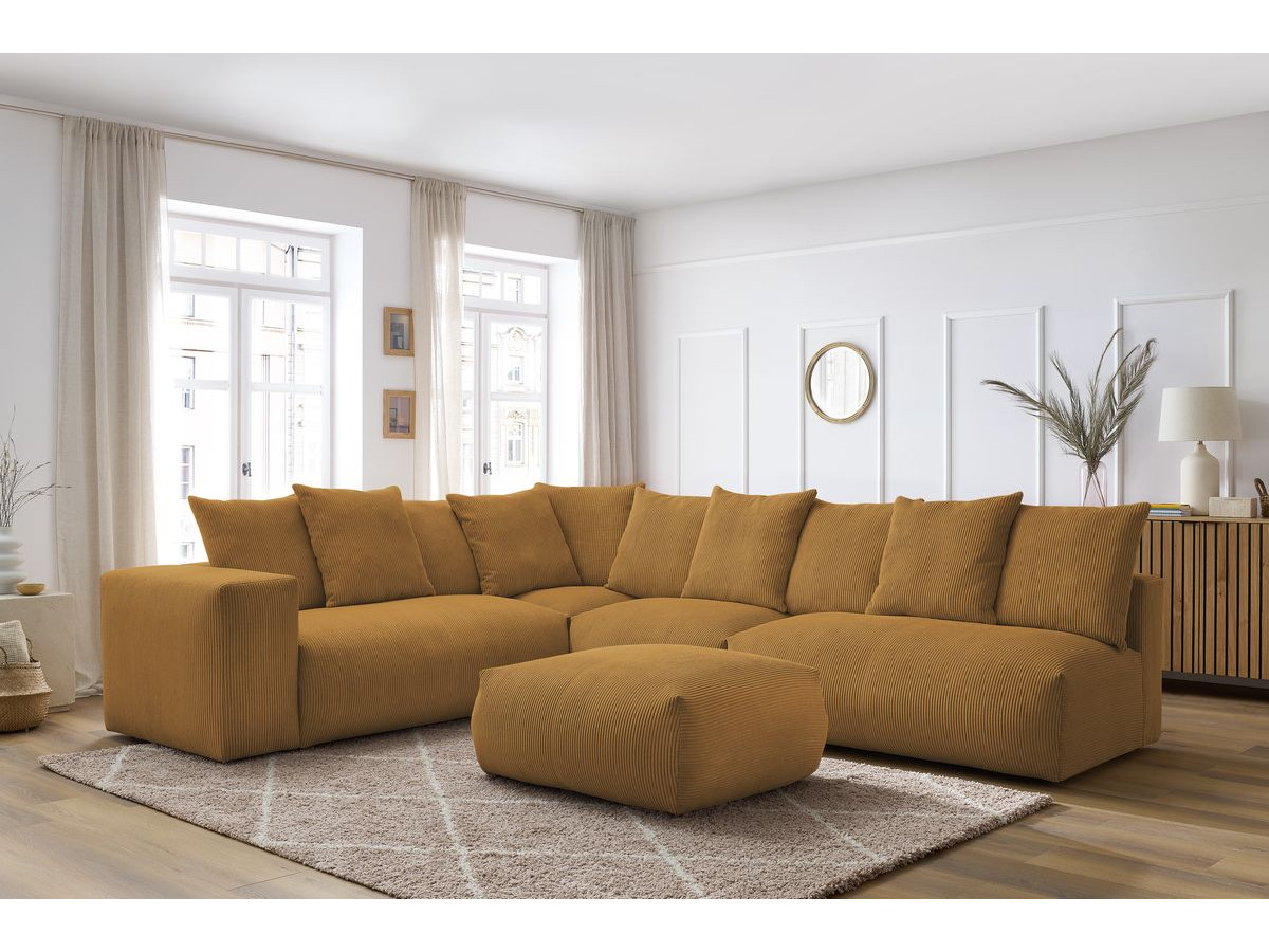 Canapé d'angle fixe modulable VOLTAIRE avec 2 chauffeuses 2 places, 1 angle, 1 chauffeuse 1 place et 1 pouf