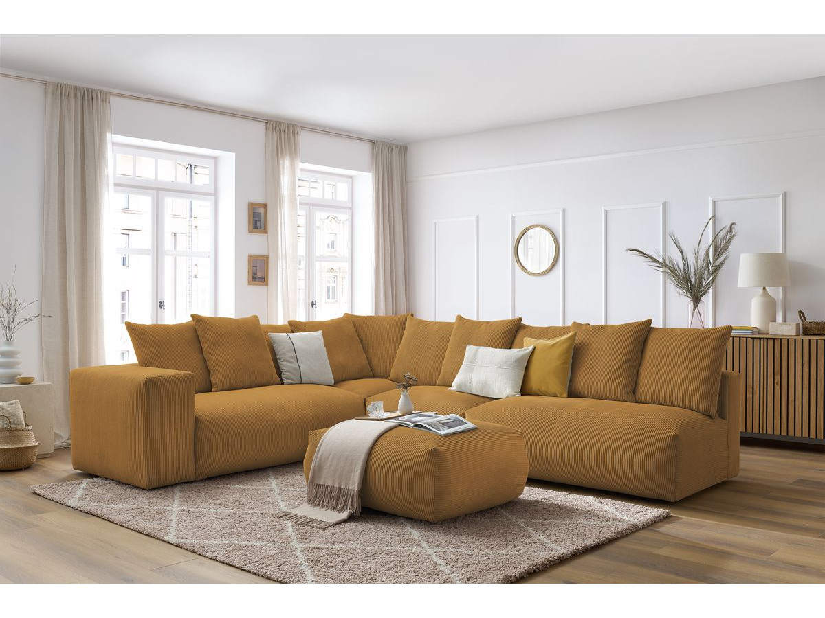 Canapé d'angle fixe modulable VOLTAIRE avec 2 chauffeuses 2 places, 1 angle, 1 chauffeuse 1 place et 1 pouf