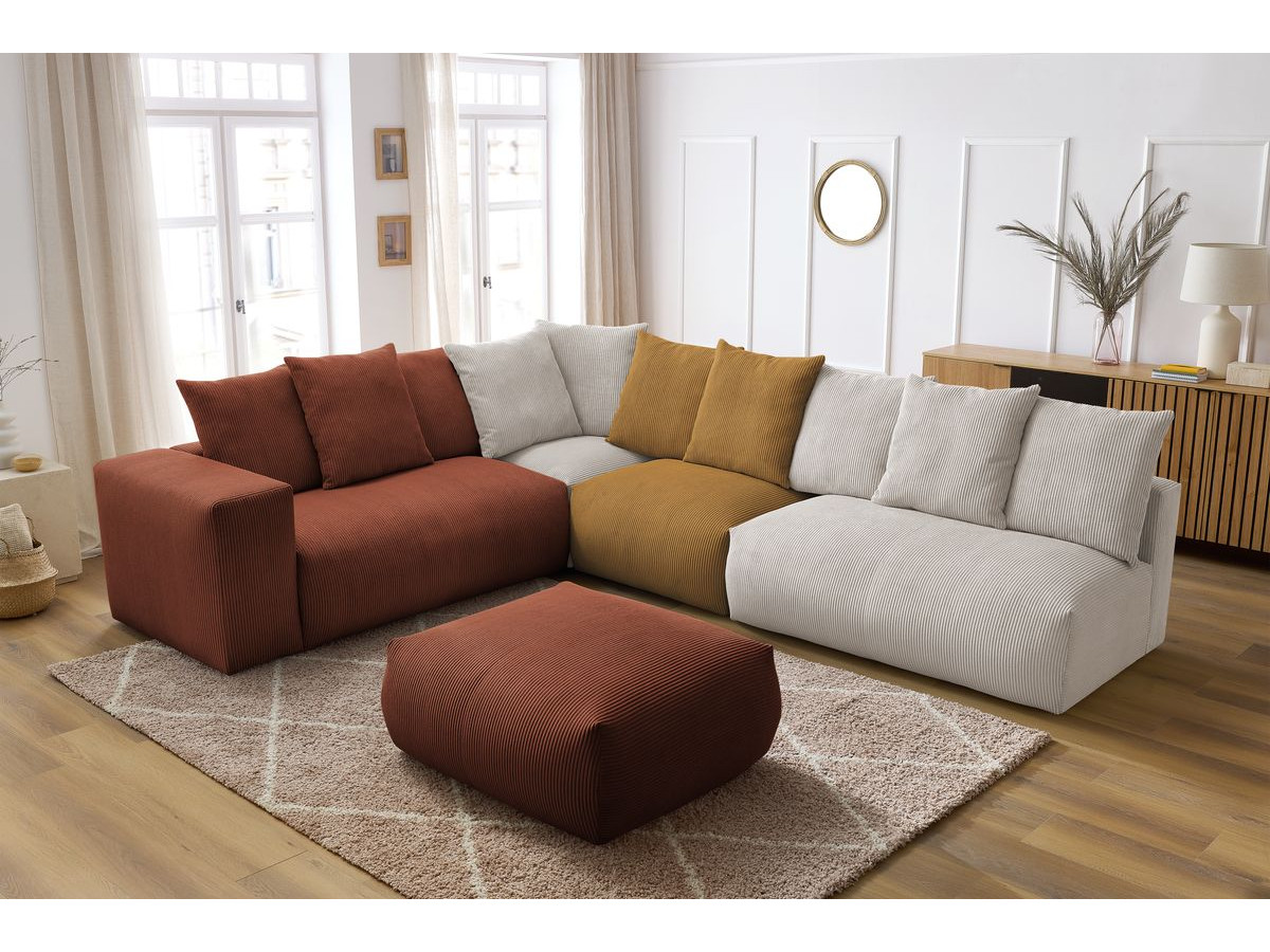 Canapé d'angle fixe modulable VOLTAIRE avec 2 chauffeuses 2 places, 1 angle, 1 chauffeuse 1 place et 1 pouf