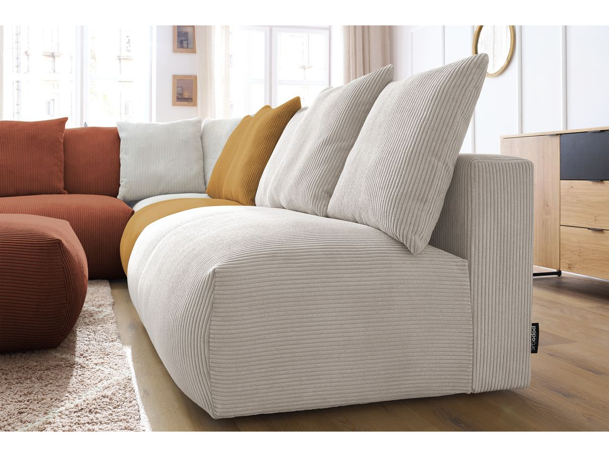 Canapé d'angle fixe modulable VOLTAIRE avec 2 chauffeuses 2 places, 1 angle, 1 chauffeuse 1 place et 1 pouf