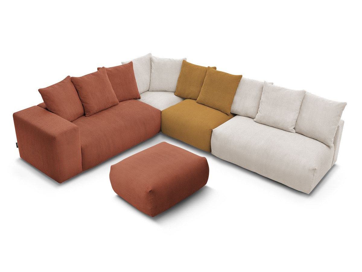 Canapé d'angle fixe modulable VOLTAIRE avec 2 chauffeuses 2 places, 1 angle, 1 chauffeuse 1 place et 1 pouf