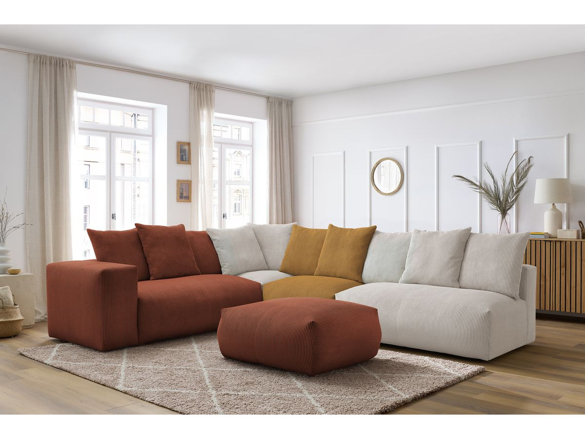 Canapé d'angle fixe modulable VOLTAIRE avec 2 chauffeuses 2 places, 1 angle, 1 chauffeuse 1 place et 1 pouf