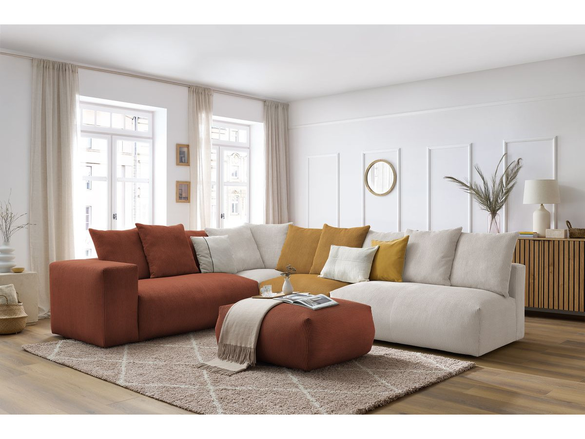 Canapé d'angle fixe modulable VOLTAIRE avec 2 chauffeuses 2 places, 1 angle, 1 chauffeuse 1 place et 1 pouf