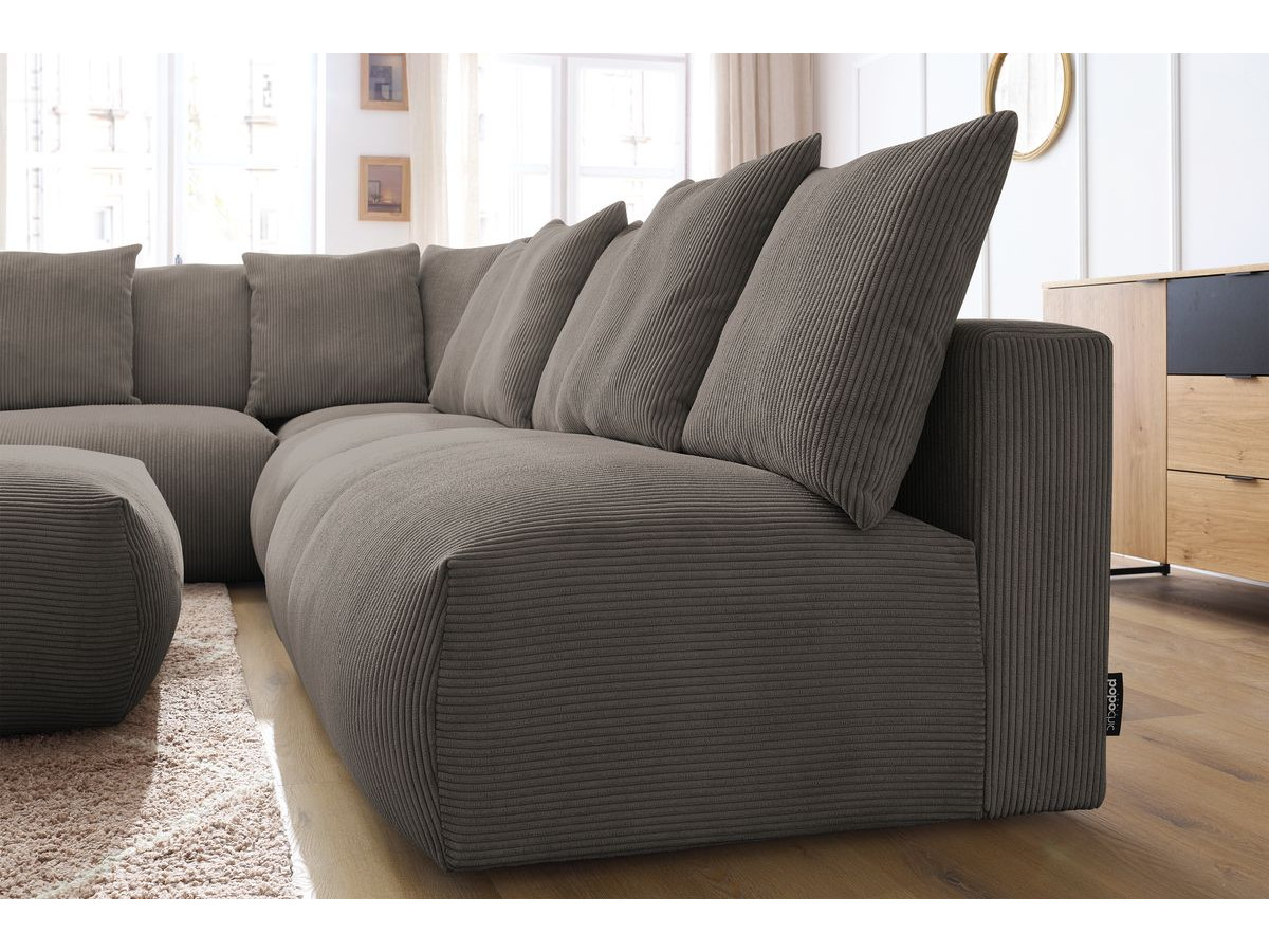Canapé d'angle fixe modulable VOLTAIRE avec 2 chauffeuses 2 places, 1 angle, 1 chauffeuse 1 place et 1 pouf