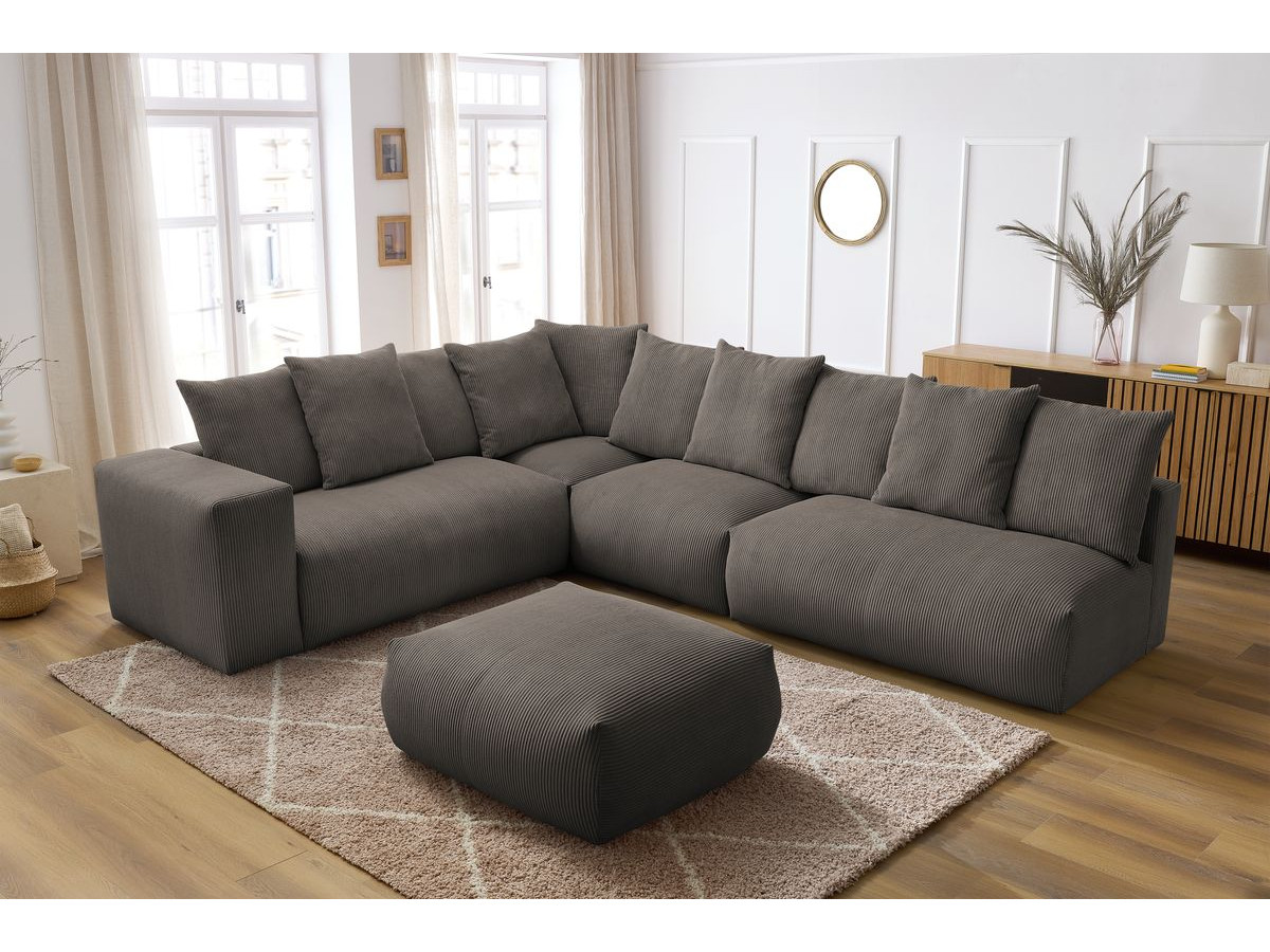 Canapé d'angle fixe modulable VOLTAIRE avec 2 chauffeuses 2 places, 1 angle, 1 chauffeuse 1 place et 1 pouf