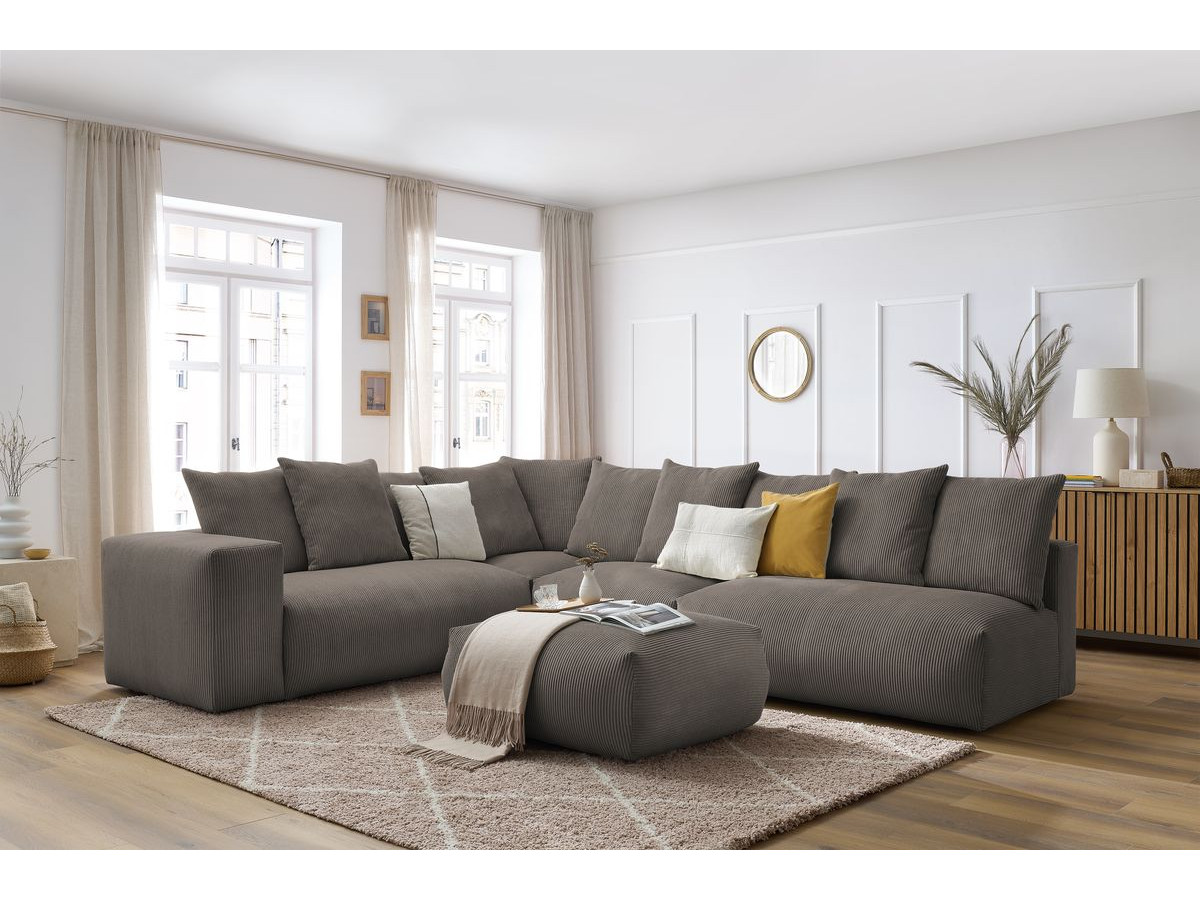 Canapé d'angle fixe modulable VOLTAIRE avec 2 chauffeuses 2 places, 1 angle, 1 chauffeuse 1 place et 1 pouf