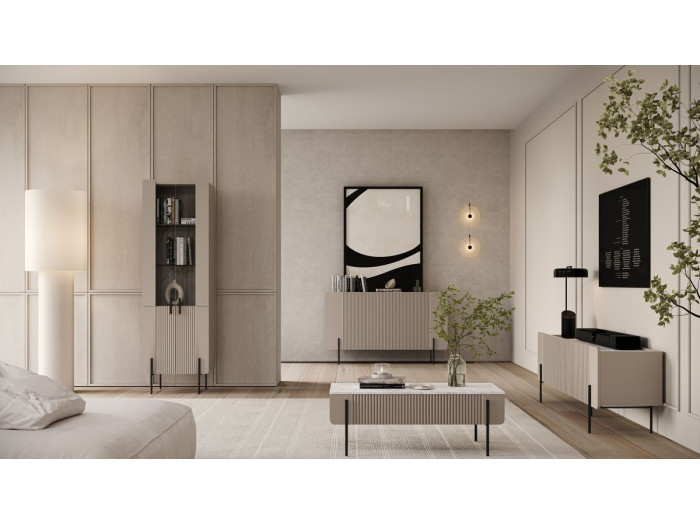 Meuble TV 3 portes 150 cm MATHILDE plateau effet marbre et pieds noirs