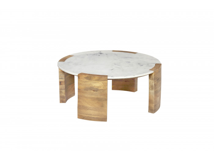 Table basse ronde D.85 cm TORVI plateau marbre et pieds bois massif de manguier clair