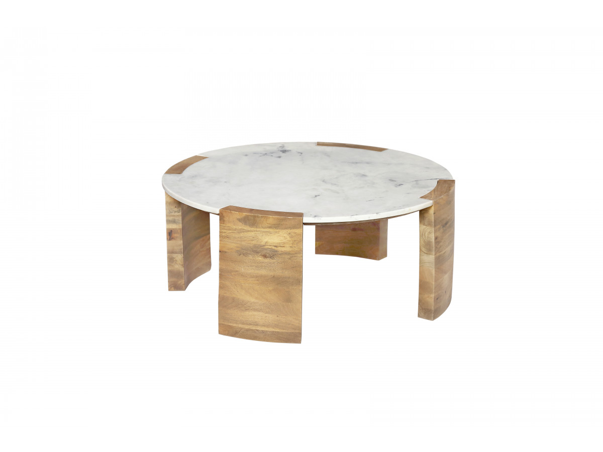 Table basse ronde D.85 cm TORVI plateau marbre et pieds bois massif de manguier clair — vue 5