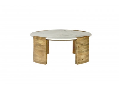 Table basse ronde D.85 cm TORVI plateau marbre et pieds bois massif de manguier clair