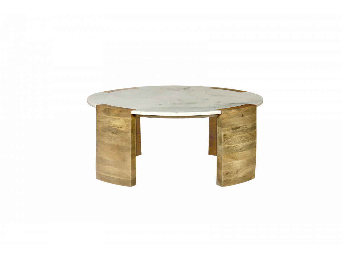 Table basse ronde D.85 cm TORVI plateau marbre et pieds bois massif de manguier clair — vue 3