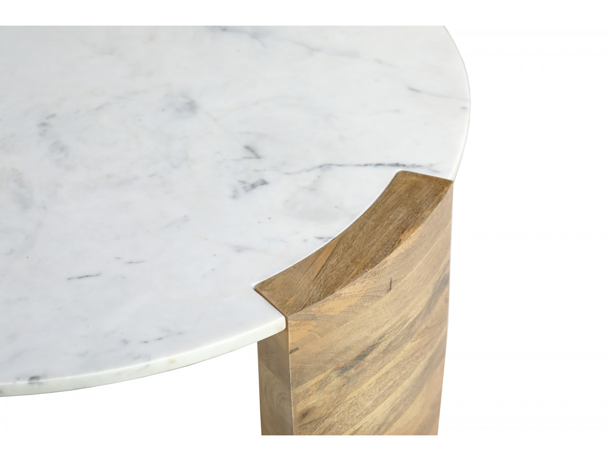 Table basse ronde D.85 cm TORVI plateau marbre et pieds bois massif de manguier clair — vue 6