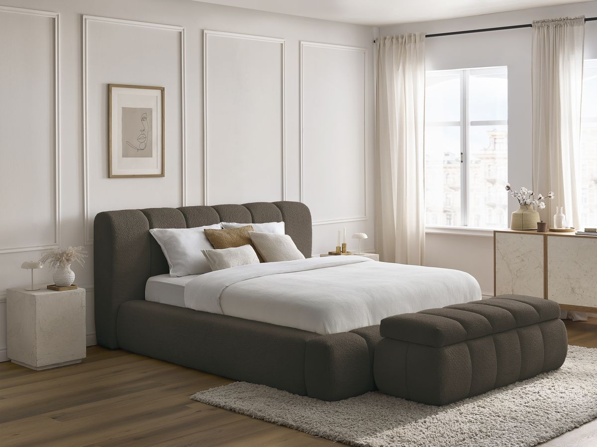 Lit coffre DENALI tissu bouclette + Bout de lit DENALI